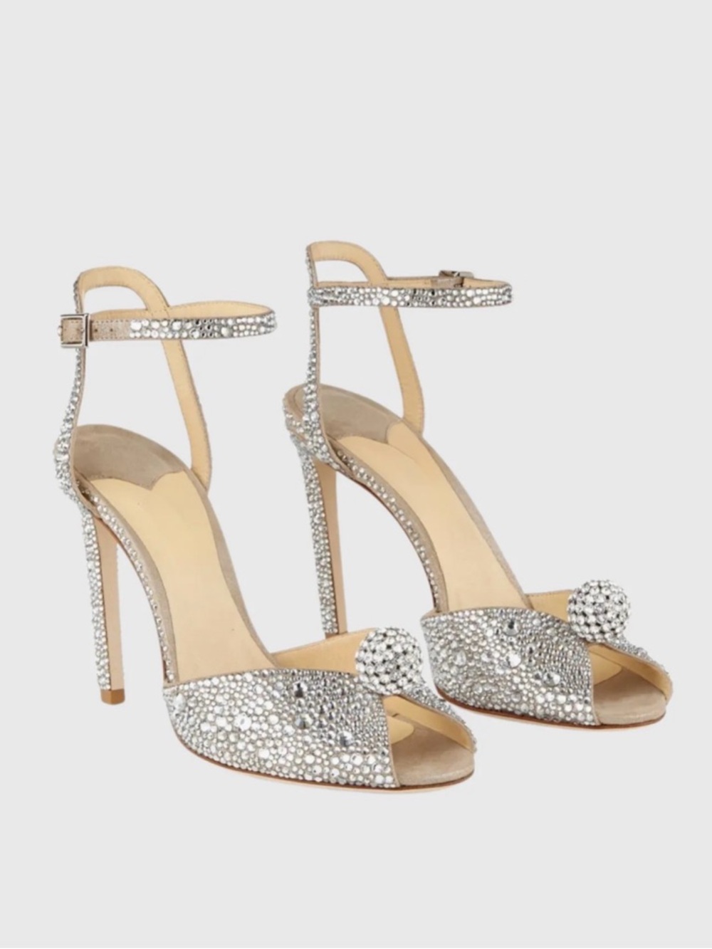Crystal-Embellished Silver Open-Toe Ankle-Strap Heels by Sienna Rossi